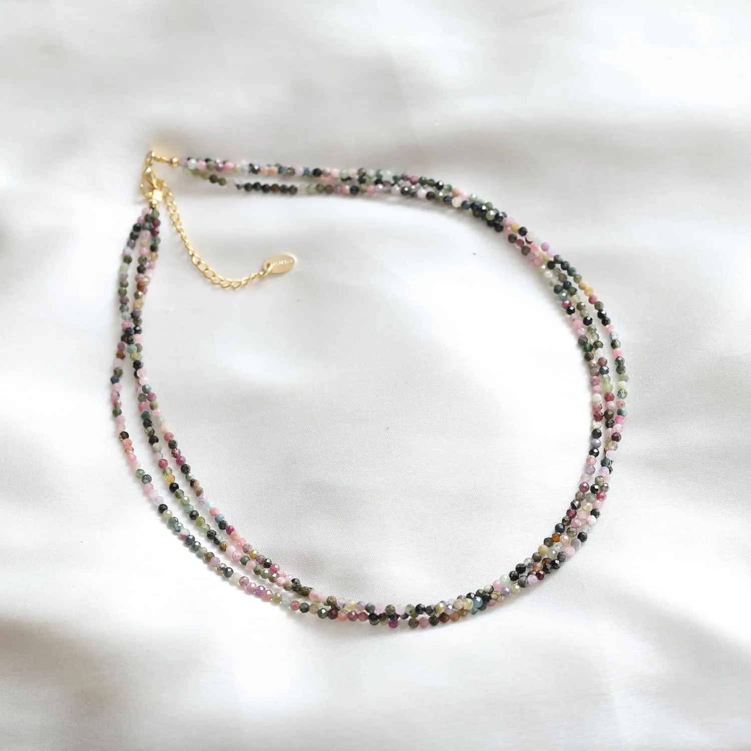 Gempires Multi Tourmaline Gemstone Beaded Necklace Handmade Choker Crystal Jewelry Hypoallergenic 18 Inch Gold Plated Triple Layered Necklace For Women