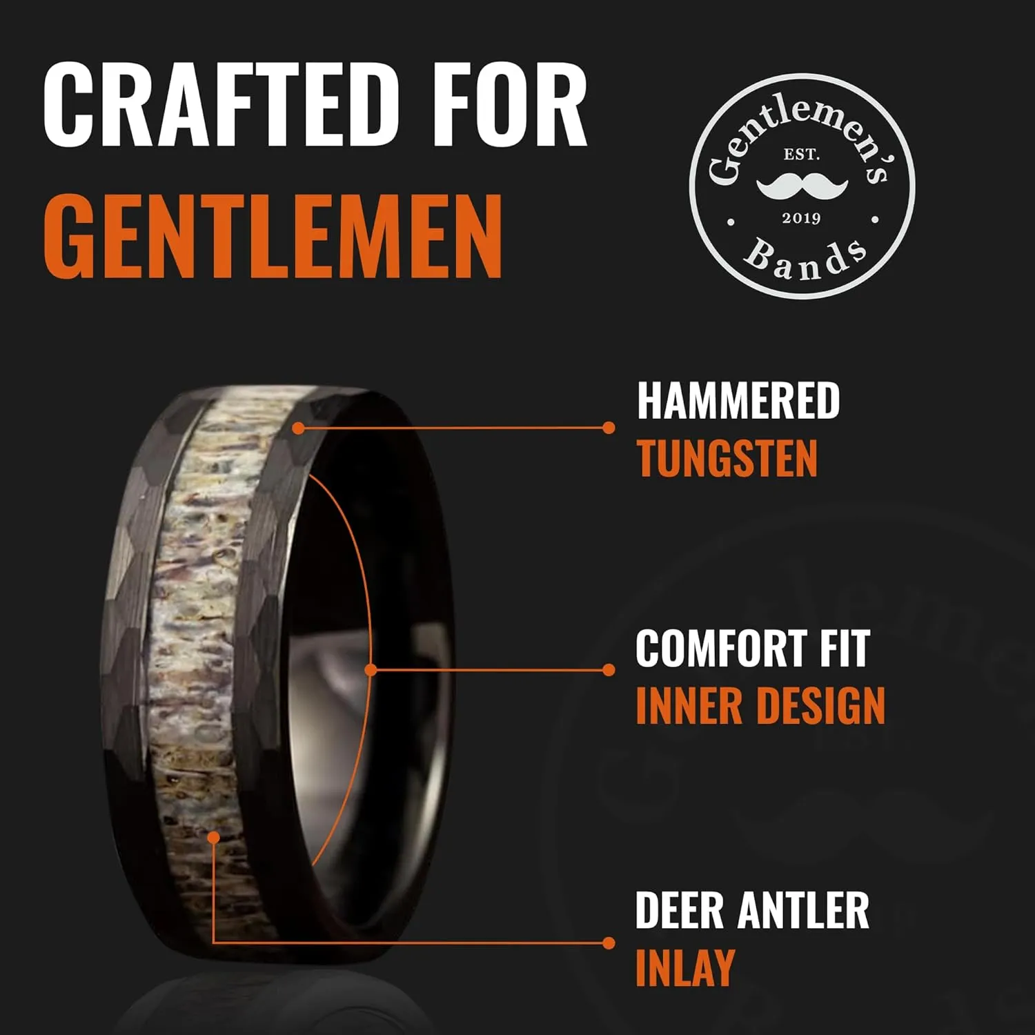 Gentlemen's Bands Black Wedding Band for Men | Hammered Tungsten Rings for Men With Deer Antler Inlay, 8mm | Includes Silicone Band, Walnut Box, and Leather Pouch Gift Set | Engagement, Promise Ring