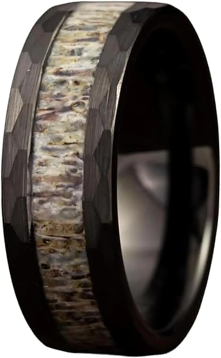 Gentlemen's Bands Black Wedding Band for Men | Hammered Tungsten Rings for Men With Deer Antler Inlay, 8mm | Includes Silicone Band, Walnut Box, and Leather Pouch Gift Set | Engagement, Promise Ring