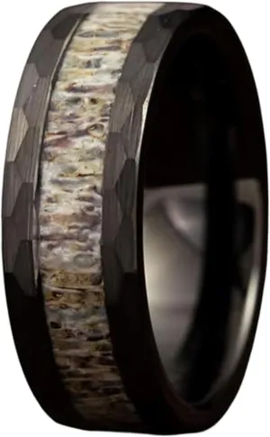 Gentlemen's Bands Black Wedding Band for Men | Hammered Tungsten Rings for Men With Deer Antler Inlay, 8mm | Includes Silicone Band, Walnut Box, and Leather Pouch Gift Set | Engagement, Promise Ring