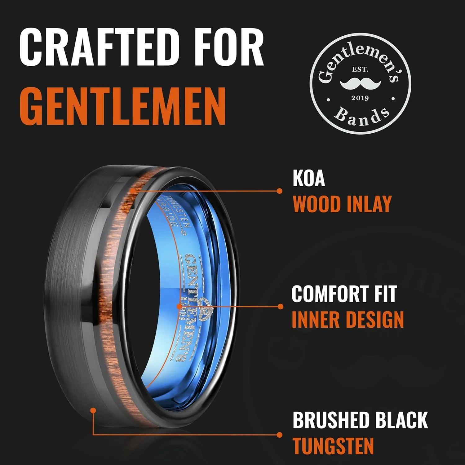 Gentlemen's Bands Tungsten Black Men's Wedding Band with Koa Wood Inlay & Polished Blue Interior | Premium Tungsten Wedding Ring for Men 8mm | Includes Silicone Band, Leather Pouch & Luxury Walnut Box