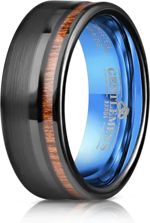 Gentlemen's Bands Tungsten Black Men's Wedding Band with Koa Wood Inlay & Polished Blue Interior | Premium Tungsten Wedding Ring for Men 8mm | Includes Silicone Band, Leather Pouch & Luxury Walnut Box