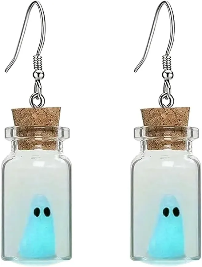Ghost Earrings for Women Ghost in A Bottle Earrings The Adopt A Ghost Earrings Halloween Tiny Glow-In-The-Dark Spooky Charm Dangle Earrings Halloween Funny Jewelry for Women