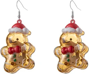 Gingerbread Man LED Lights Christmas Cute Ornament Dangle Drop Earrings for Women Santa Hat Red Bow Knot Light Up Glow in The Dark Huggie Hook Hoop Earring Statement Lovely Holiday Festival Party Jewelry Gifts Xmas