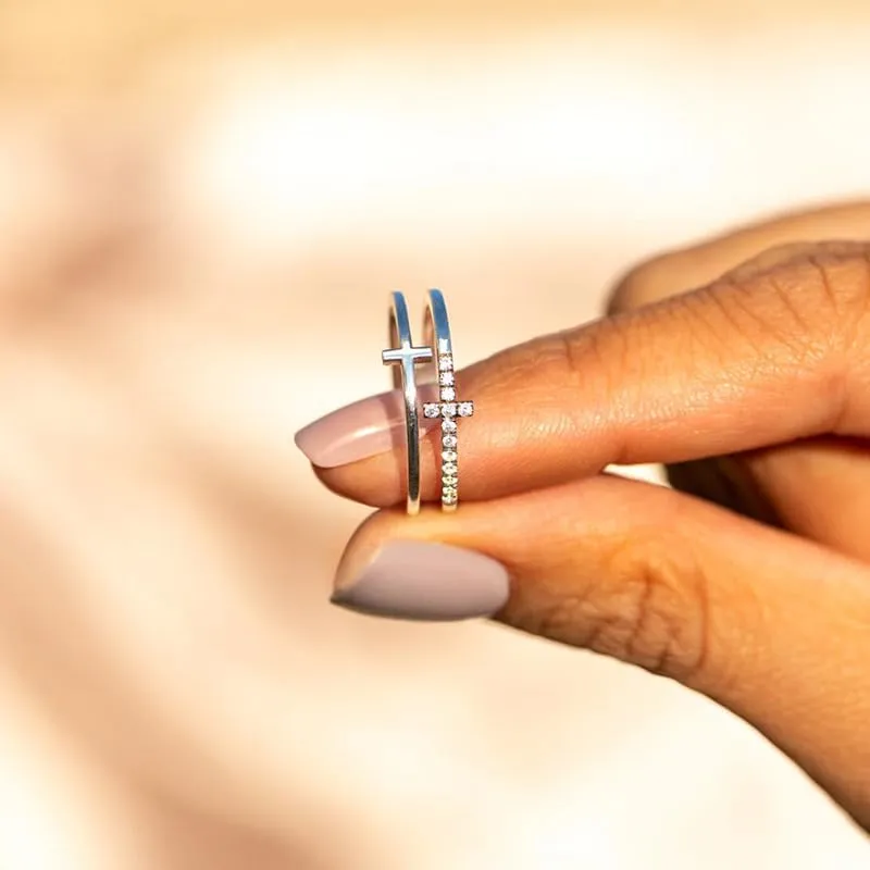 Gixaxak Double Cross Ring Gold Plated CZ Cross Ring 925 Sterling Silver Cubic Zirconia Plain Stackable Statement Promise Rings Inspiration Christian Ring Faith Hope Love Cross Religious Ring GIF 6