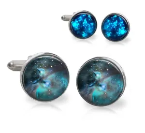 Glow in the Dark Galaxy Nebula Outer Space Cuff Links - Anniversary Gift, Groom Wedding Keepsake - Glowing Sci Fi Cufflinks - Silver Plated, Stainless Steel or Sterling