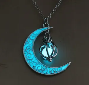 Glow in The Dark Silver Crescent Moon and Orb Necklace - Glowing Blue Moon Charm - Magical Fantasy Fairy Glowing Necklace - Glow Jewelry (blue-green)