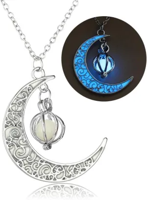 Glow in The Dark Silver Crescent Moon and Orb Necklace - Glowing Blue Moon Charm - Magical Fantasy Fairy Glowing Necklace - Glow Jewelry (sky blue)