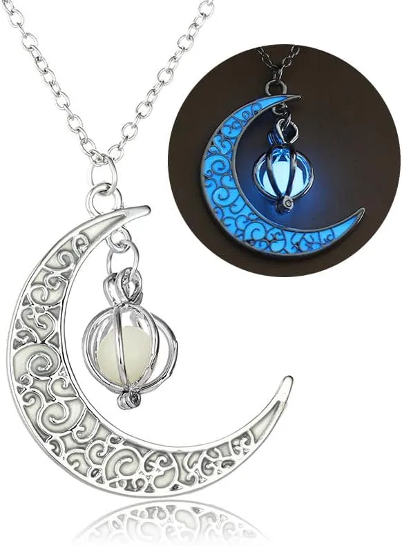 Glow in The Dark Silver Crescent Moon and Orb Necklace - Glowing Blue Moon Charm - Magical Fantasy Fairy Glowing Necklace - Glow Jewelry (sky blue)