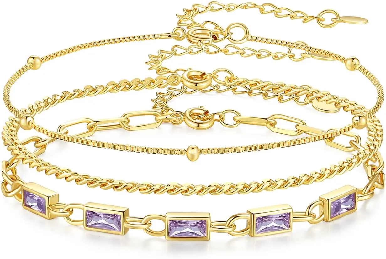 Gold Birthstone Bracelet for Women, 18K Gold Plated Layered Jewelry Bracelet Set, Women Dainty Stackable Bracelets Link Paperclip Chain Valentines Day Gift for Women