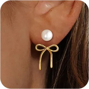 Gold Bow Earrings for Women Trendy Vintage Romantic Teen Pearl Stud Earrings Jewelry Prom Wedding Party Dress Gifts