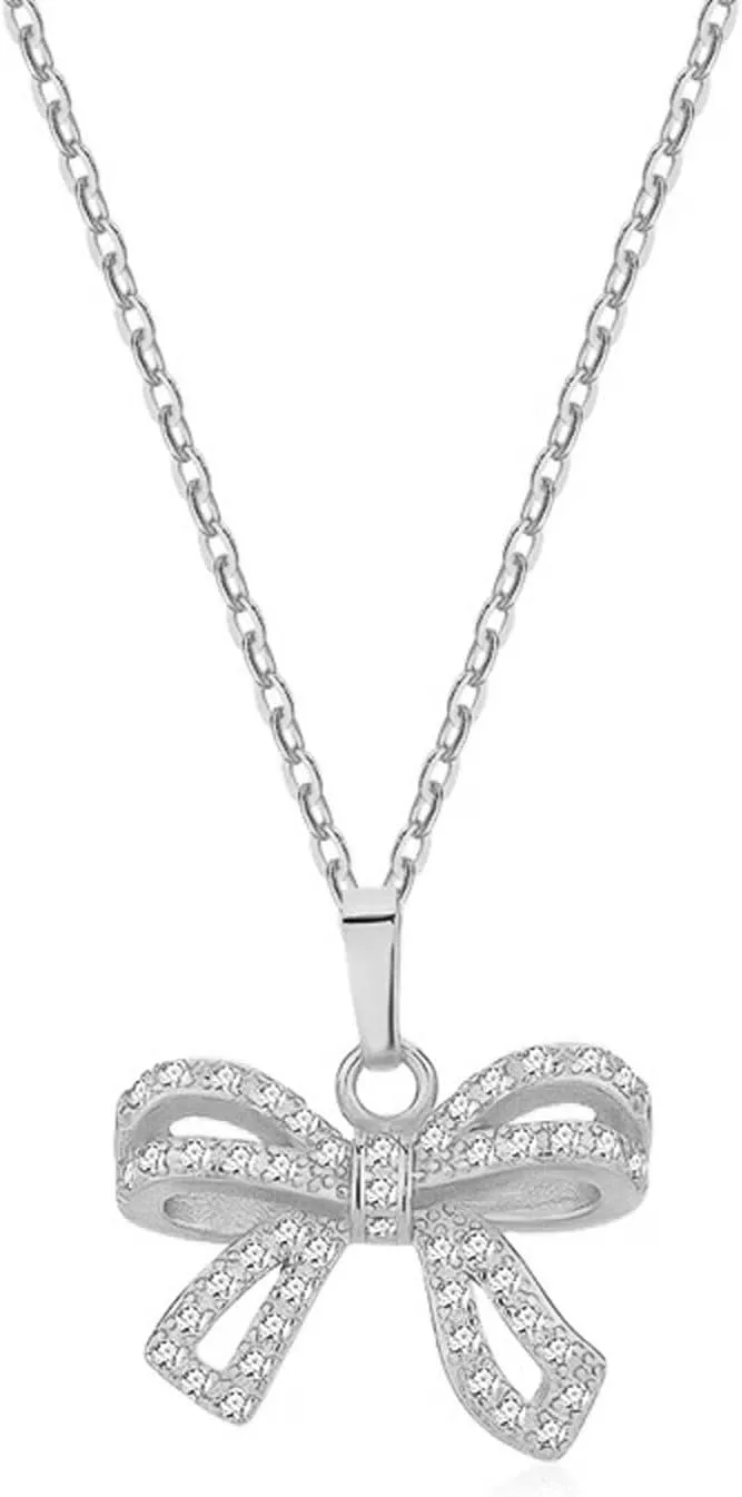 Gold Bow Necklace for Women Silver Bow Pendant Necklace Delicate Cubic Zirconia Bow Necklace Birthday Holidays Hypoallergenic Jewelry