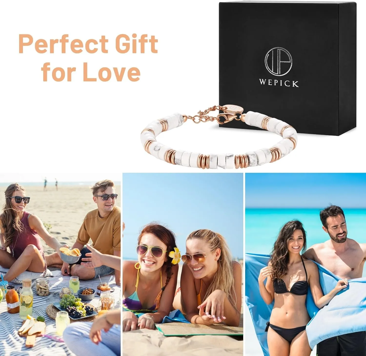 Gold Bracelets for Men 100% 6mm Natural Stone Beads Bracelets Dainty Black Onyx White Turstone Silver Link Adjustable Bracelet Women Jewelry Birthday Gifts for Mom Wife