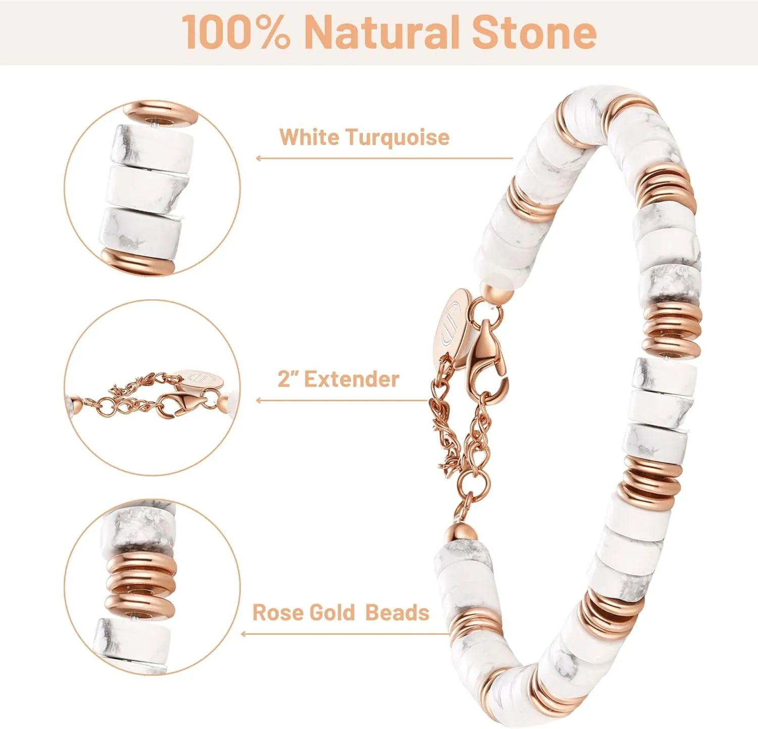 Gold Bracelets for Men 100% 6mm Natural Stone Beads Bracelets Dainty Black Onyx White Turstone Silver Link Adjustable Bracelet Women Jewelry Birthday Gifts for Mom Wife