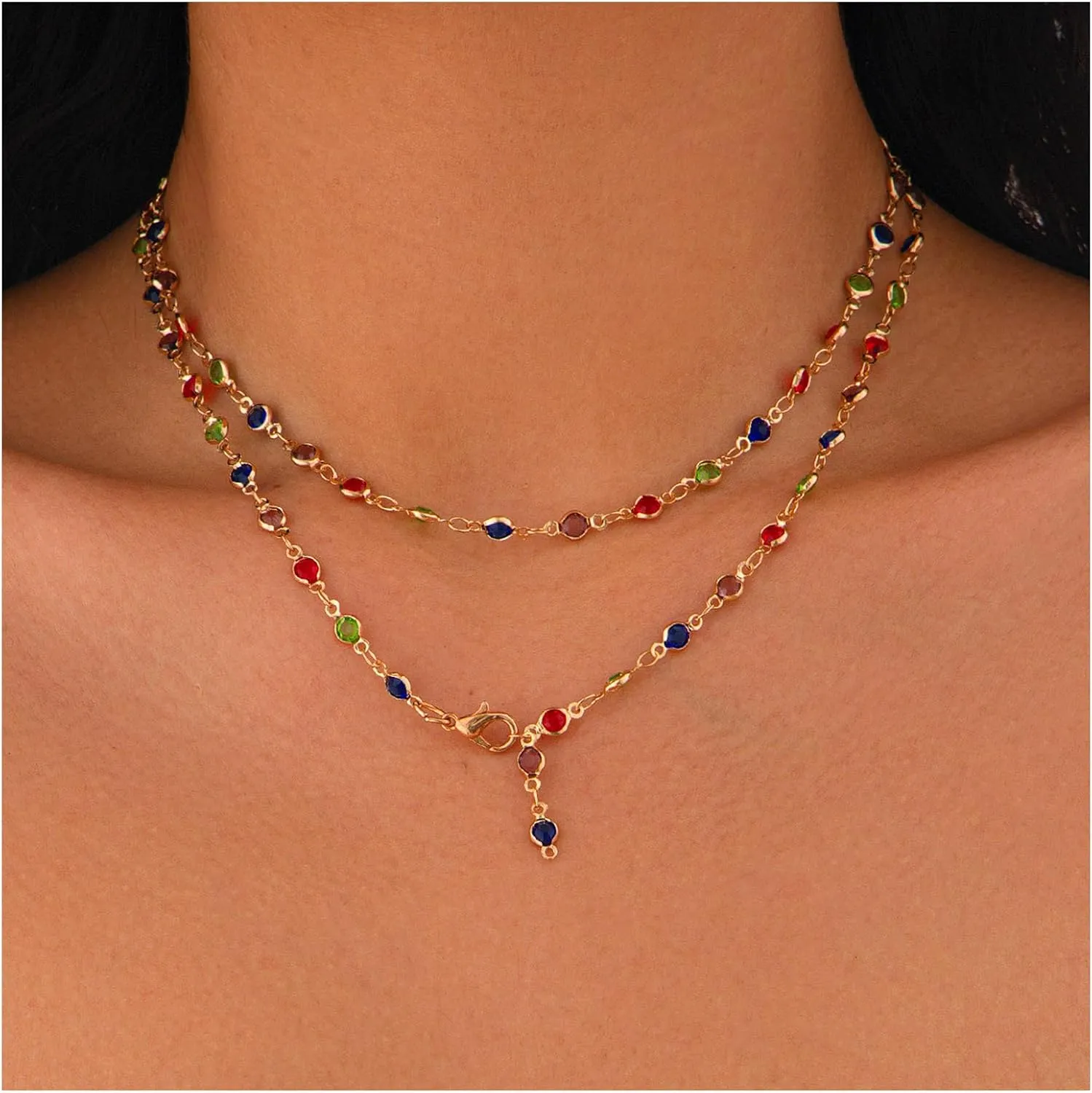 Gold Crystal Long Necklace,Summer Beach Crystal Bead Chest Body Chain Jewelry Bikini Beads Clavicle Chain Necklace for Women
