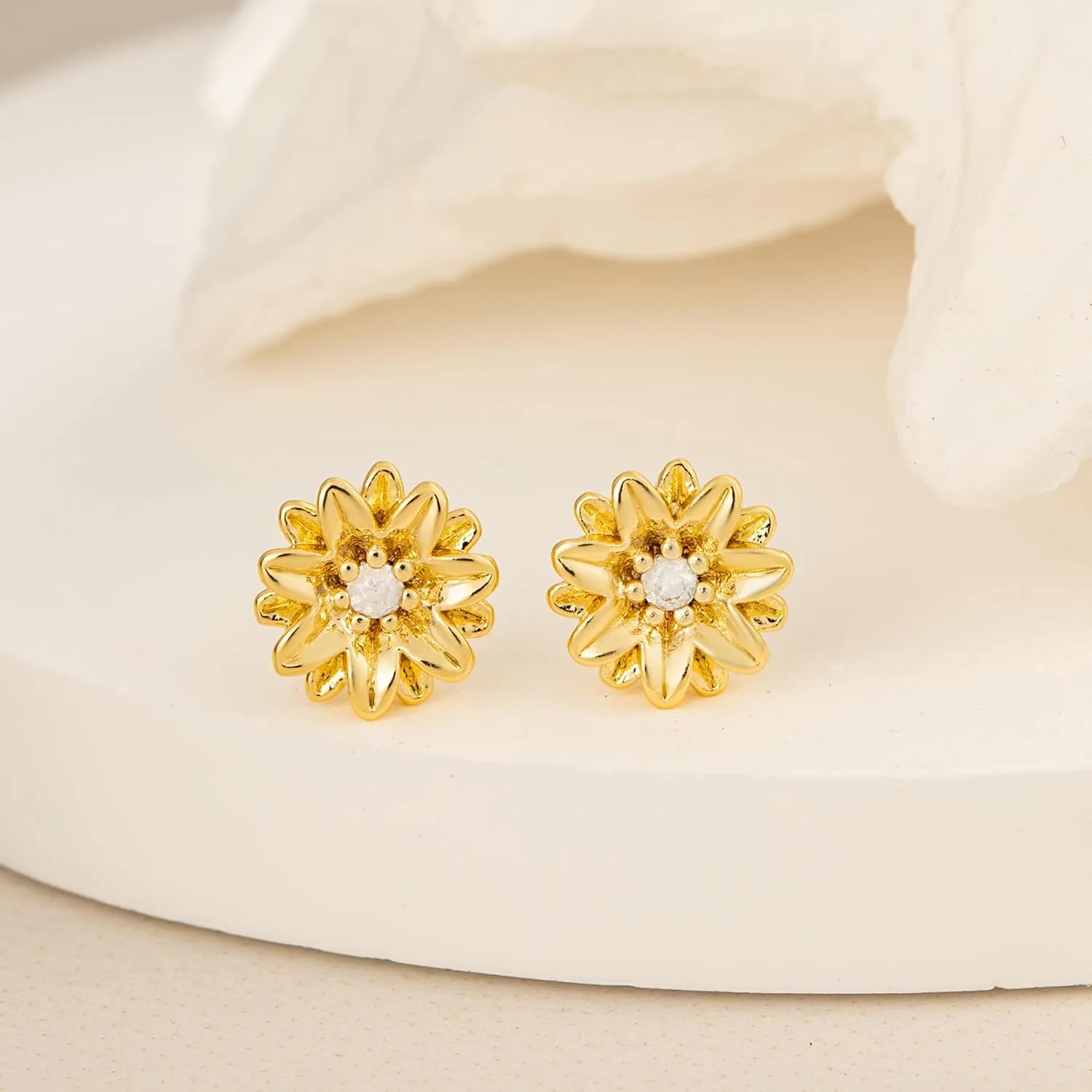 Gold Earrings-14K Gold Plated Flower Earrings Dainty Birthstone Cubic Zirconia Studs Flower Earrings for Women Birthday Gift for Her