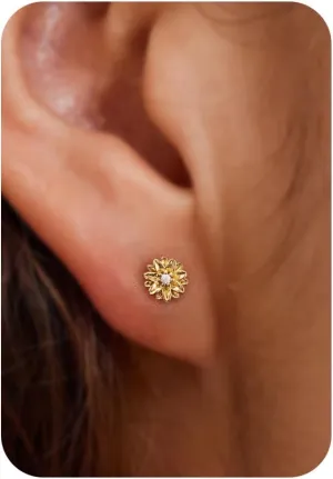 Gold Earrings-14K Gold Plated Flower Earrings Dainty Birthstone Cubic Zirconia Studs Flower Earrings for Women Birthday Gift for Her