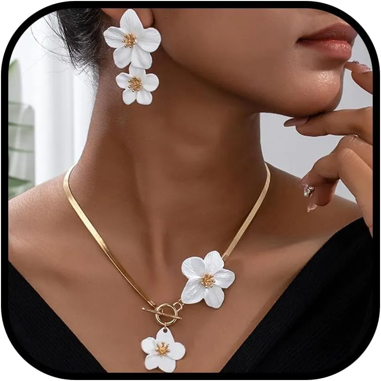 Gold Flower Earrings Necklace Set Flower Jewelry Big Foral Statement Earrings for Women Summer Charm Necklace Beach Vacation Essentials