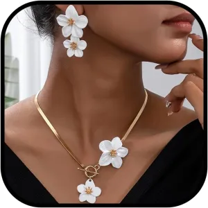 Gold Flower Earrings Necklace Set Flower Jewelry Big Foral Statement Earrings for Women Summer Charm Necklace Beach Vacation Essentials