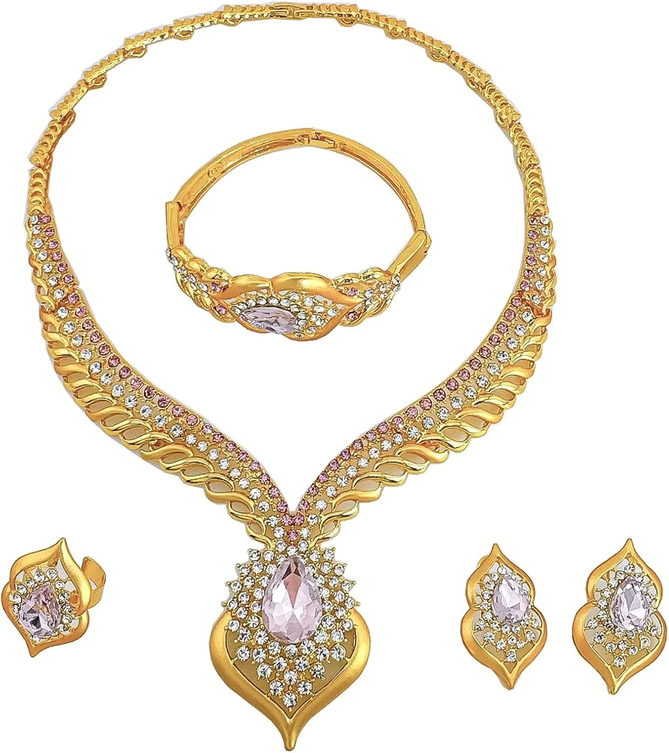 Gold Jewelry Sets for Women,Dubai Statement Necklaces Gold Bracelets Open Hoop Earrings Ring Fashion Crystal Wedding Costume Jewelry Accessories Set Mother's Day Birthday Wedding prom