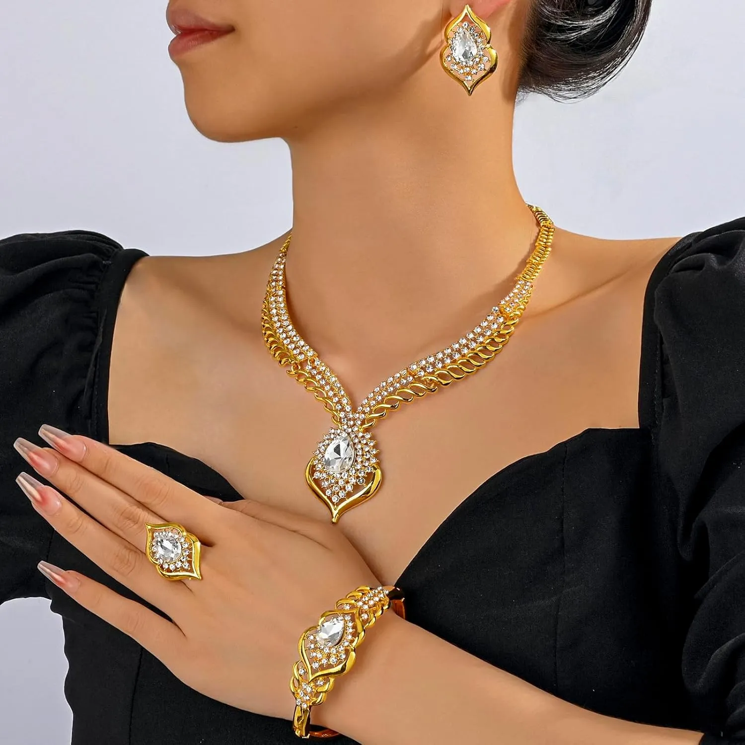 Gold Jewelry Sets for Women,Dubai Statement Necklaces Gold Bracelets Open Hoop Earrings Ring Fashion Crystal Wedding Costume Jewelry Accessories Set Mother's Day Birthday Wedding prom