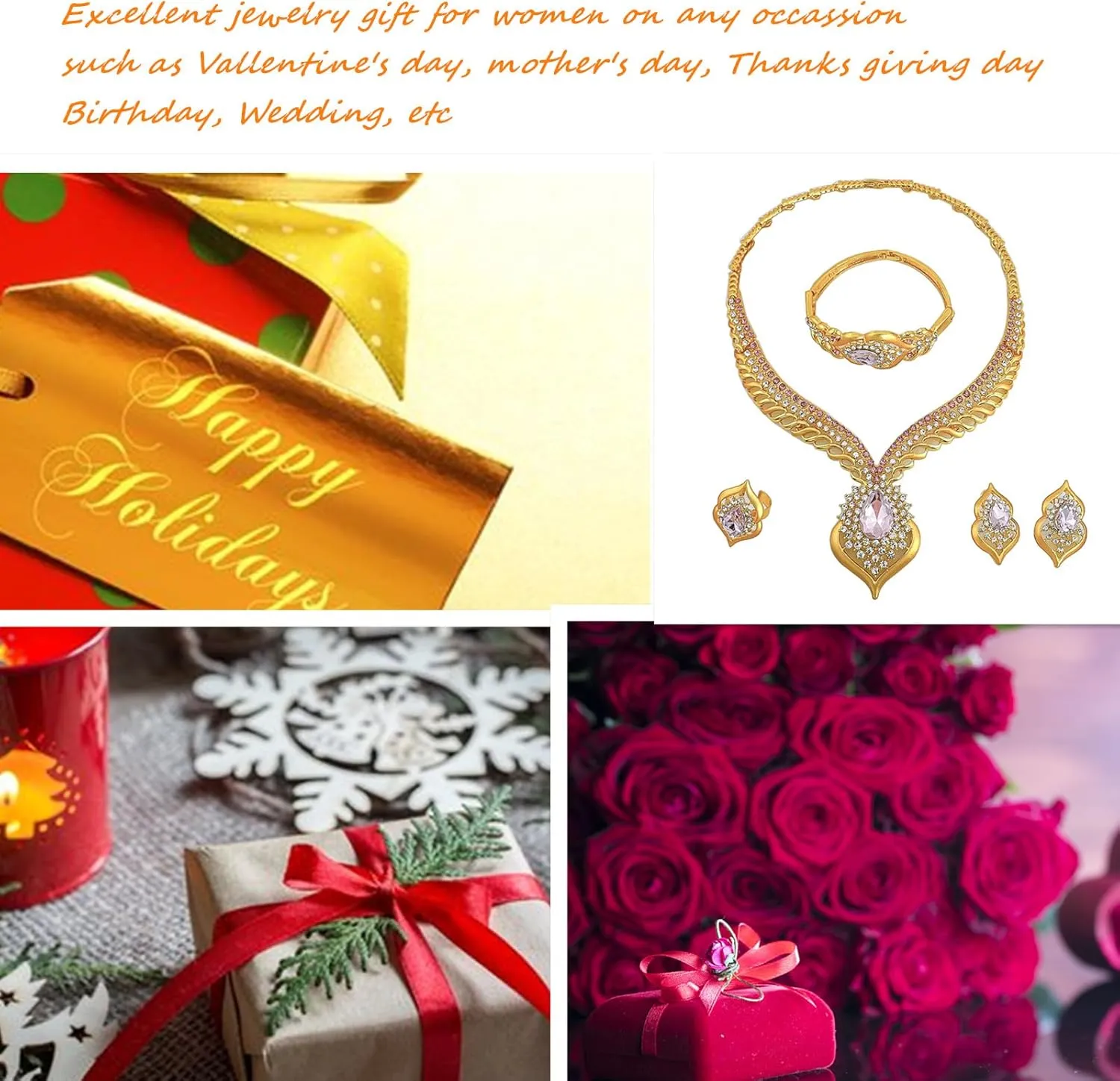 Gold Jewelry Sets for Women,Dubai Statement Necklaces Gold Bracelets Open Hoop Earrings Ring Fashion Crystal Wedding Costume Jewelry Accessories Set Mother's Day Birthday Wedding prom