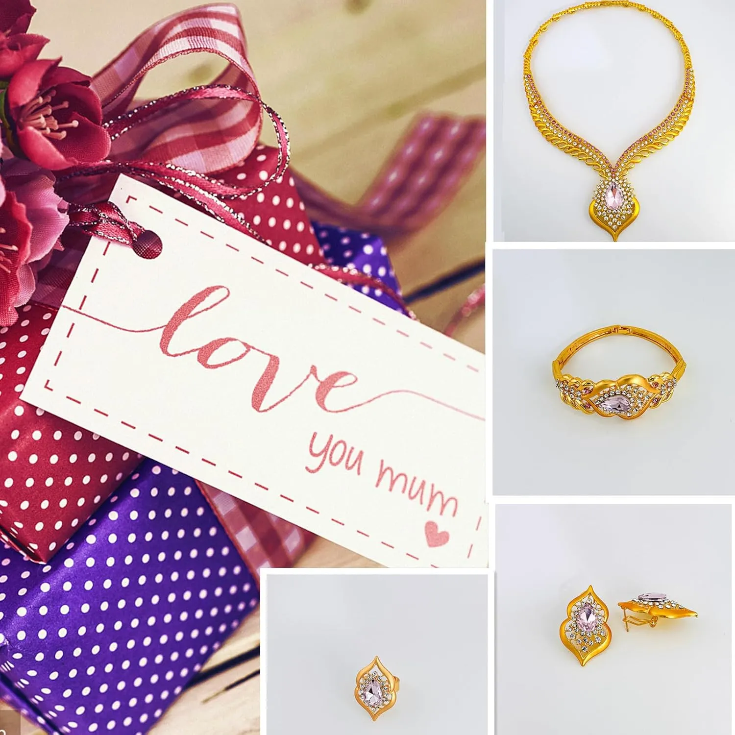 Gold Jewelry Sets for Women,Dubai Statement Necklaces Gold Bracelets Open Hoop Earrings Ring Fashion Crystal Wedding Costume Jewelry Accessories Set Mother's Day Birthday Wedding prom