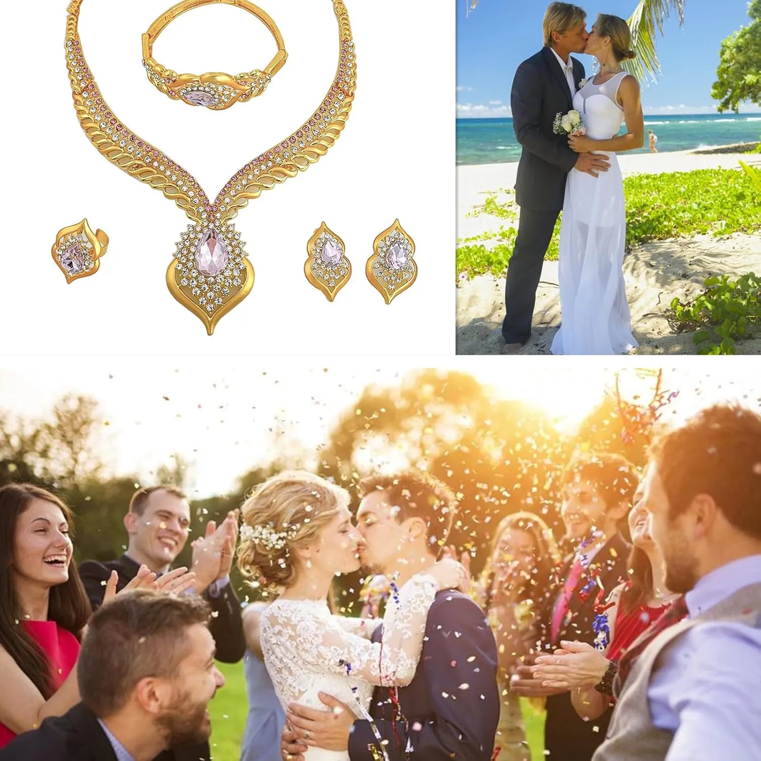 Gold Jewelry Sets for Women,Dubai Statement Necklaces Gold Bracelets Open Hoop Earrings Ring Fashion Crystal Wedding Costume Jewelry Accessories Set Mother's Day Birthday Wedding prom