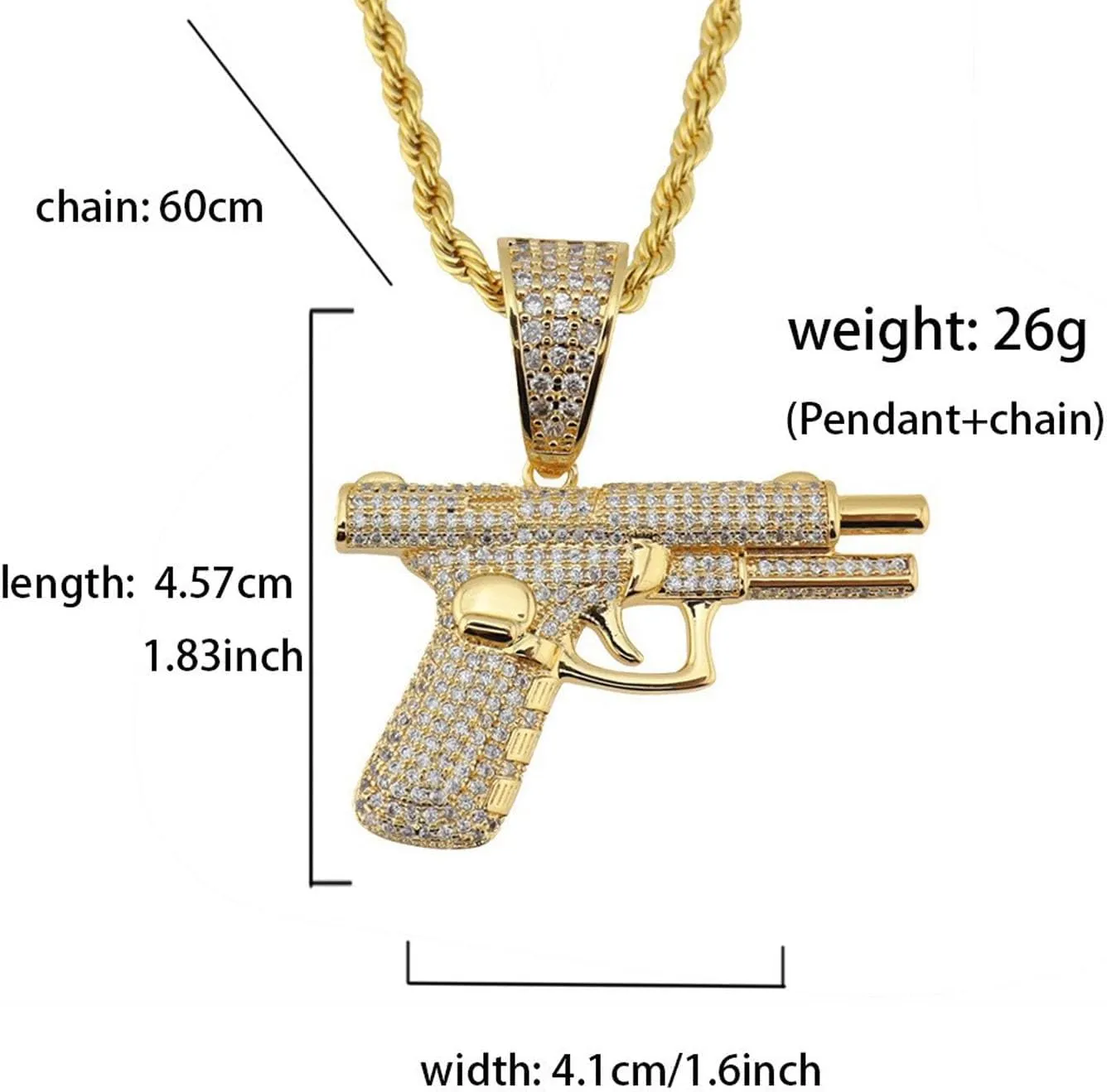 Gold Men's Punk Gun Necklace Pendant Choker Chain,Gold Plated Hip Hop Disc Rhinestone Gun Pistol Necklaces Pendants for Men Game Gifts Accessories