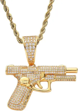 Gold Men's Punk Gun Necklace Pendant Choker Chain,Gold Plated Hip Hop Disc Rhinestone Gun Pistol Necklaces Pendants for Men Game Gifts Accessories