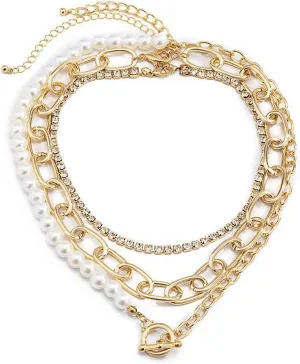 Gold Pearl Crystal Layered Chain Necklace Set,Chunky Silver Paperclip OT Toggle Tennis Necklace for Women,Dainty Birthday Jewelry Gift for Her