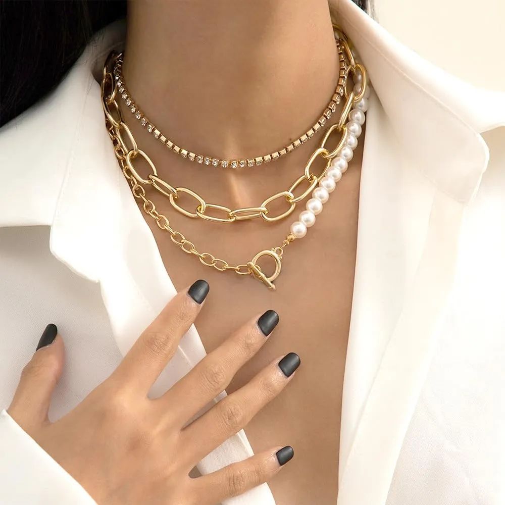 Gold Pearl Crystal Layered Chain Necklace Set,Chunky Silver Paperclip OT Toggle Tennis Necklace for Women,Dainty Birthday Jewelry Gift for Her