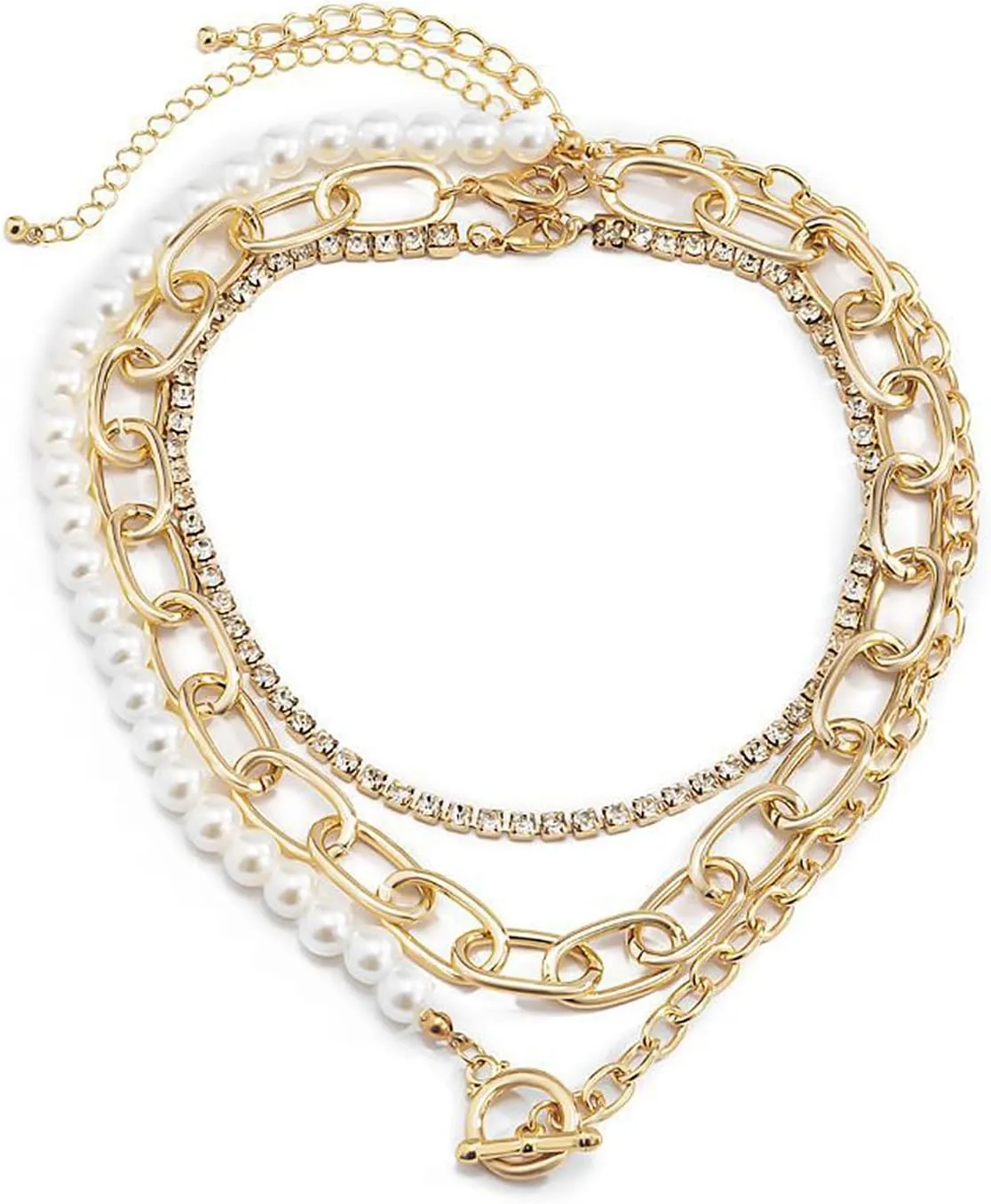 Gold Pearl Crystal Layered Chain Necklace Set,Chunky Silver Paperclip OT Toggle Tennis Necklace for Women,Dainty Birthday Jewelry Gift for Her