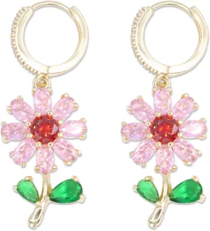 Gold Plated Colorful Cubic Zirconia Sun Flower Huggie Drop Earrings for Women Exquisite Crystal Zircon Flower Dangle Earrings Fashion Jewelry for Women