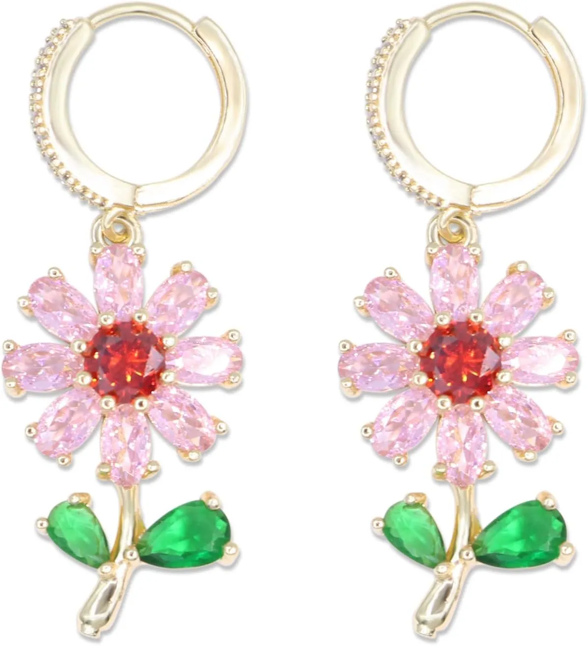 Gold Plated Colorful Cubic Zirconia Sun Flower Huggie Drop Earrings for Women Exquisite Crystal Zircon Flower Dangle Earrings Fashion Jewelry for Women