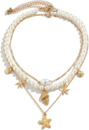 Gold Shell Starfish Mermaid Necklace,Pearl Beaded Seashell Beach Ocean Vacation Coastal Jewelry,Layered Stack Charming Necklace