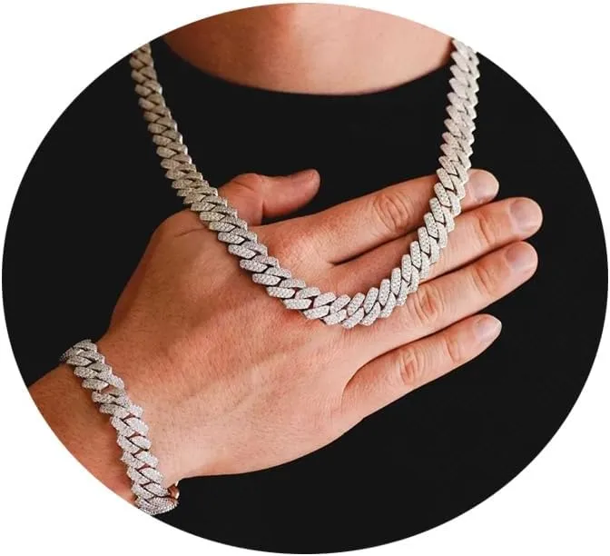 Gold Silver Cuban Link Chain and Bracelet for Men and Women - Diamond Necklace Iced Out Miami Cuban Hip Hop Jewelry