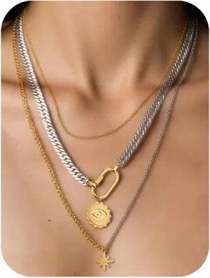Gold Silver Layered Necklaces for Women 3 Set,Gold Chain Necklace 18K Dainty Evil Eye Chain Fashion Cuban Link Chunky Choker Chain Lock Long Trendy Necklace Jewelry Gift for Women Men