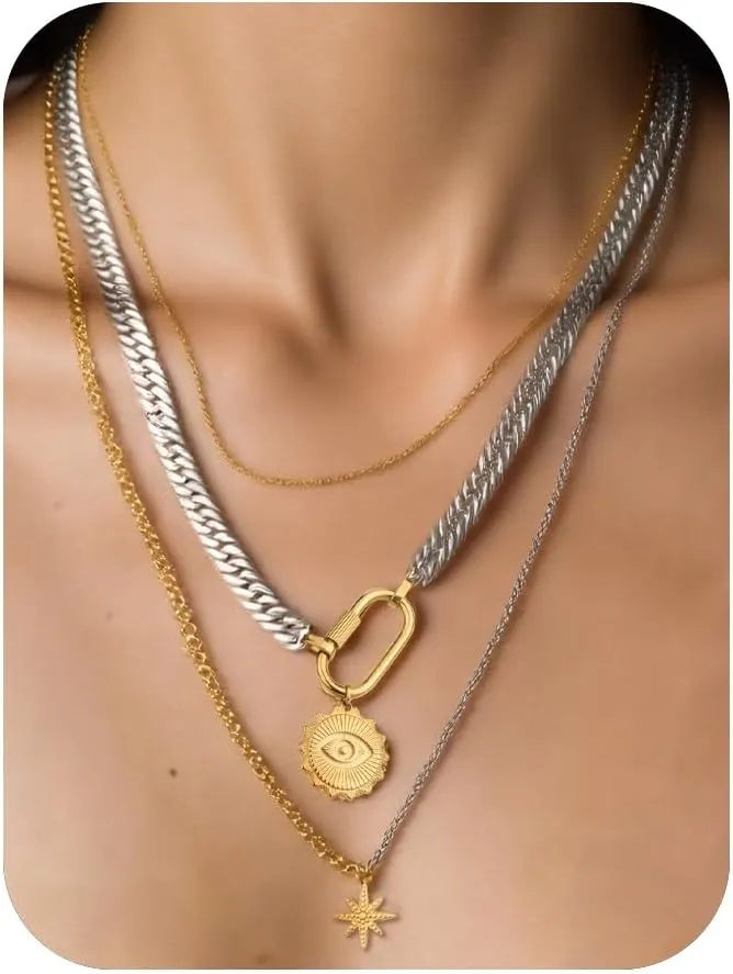 Gold Silver Layered Necklaces for Women 3 Set,Gold Chain Necklace 18K Dainty Evil Eye Chain Fashion Cuban Link Chunky Choker Chain Lock Long Trendy Necklace Jewelry Gift for Women Men