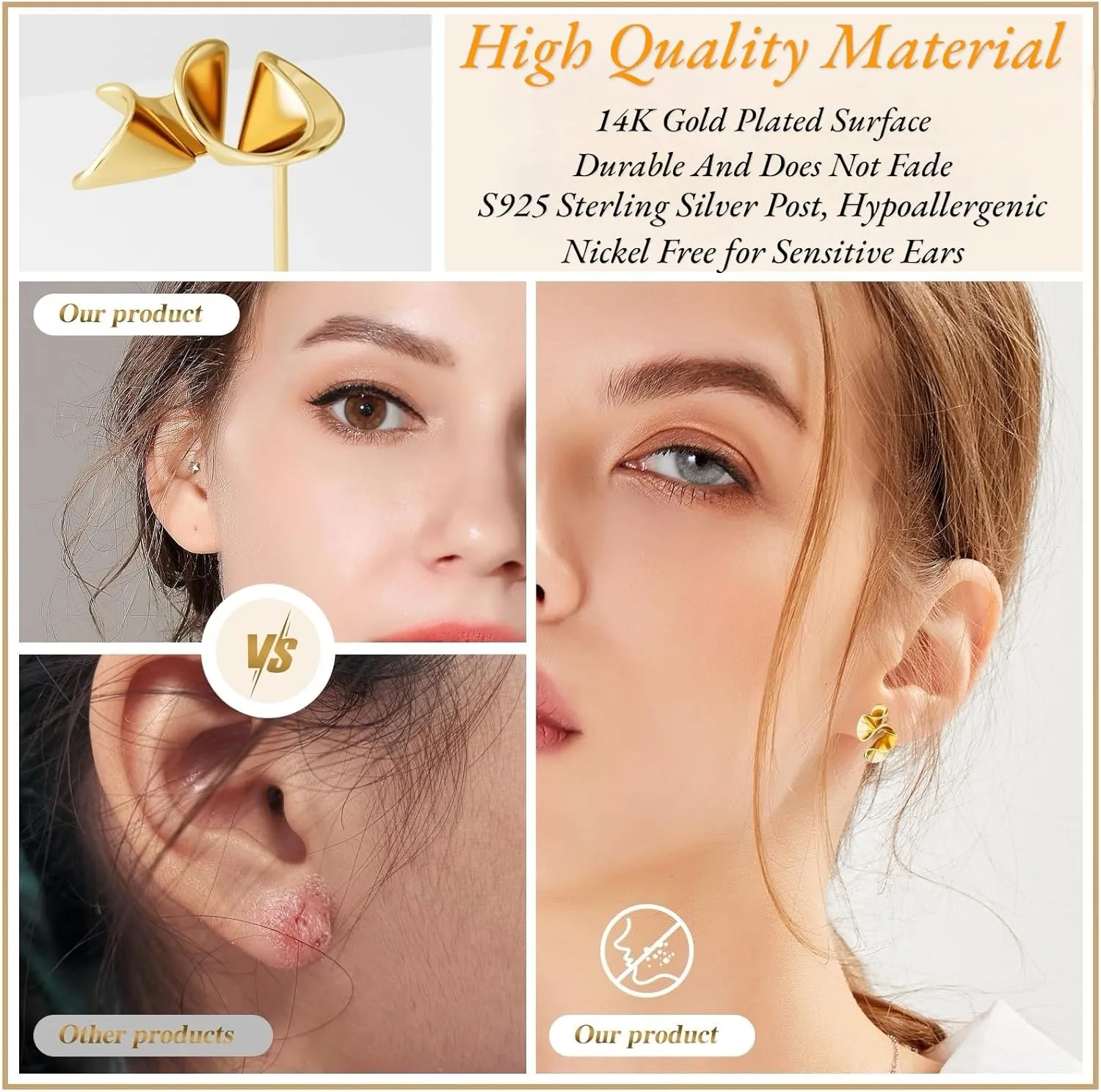 Gold Stud Earrings for Women, 14K Gold Plated Non Tarnish Nickel Free Hypoallergenic Earrings for Sensitive Ears, Dainty Small Love Knot Clover Teardrop Stud Earrings