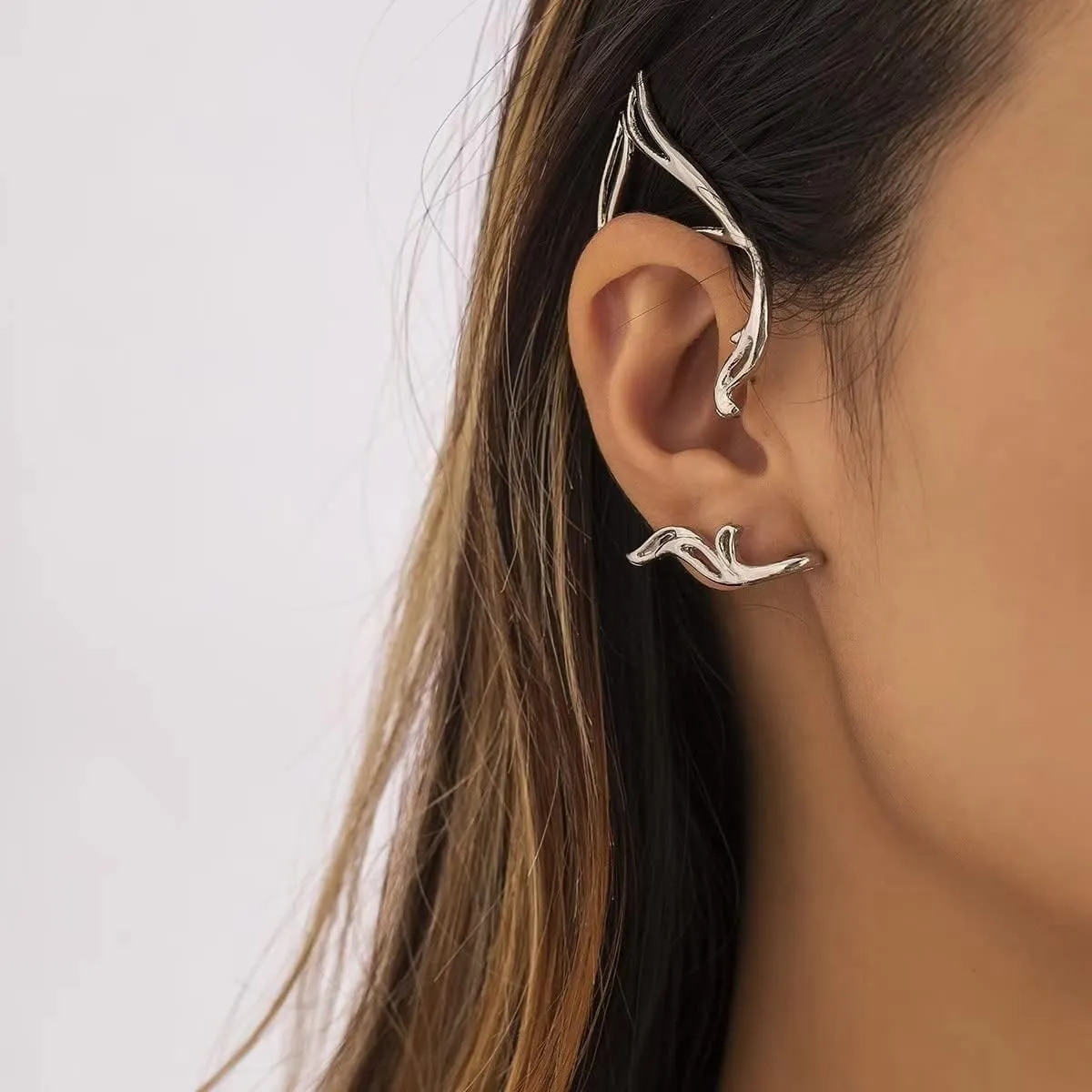 Gothic Elf Ear Cuffs Fairy Earrings for Women Hollowed Cute Flower Blue Gradient Mermaid Cat Ear Wrap Exquisite Elf Wings Ear Clips Bridal Earrings Cosplay Party Jewelry