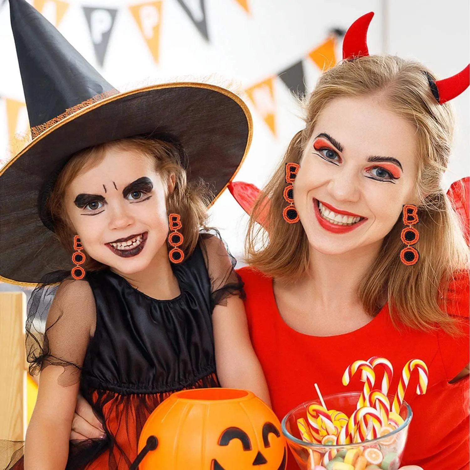 Halloween Beaded Boo Earrings for Women - Spooky Ghost Pumpkin Drop Dangle Jewelry - Handmade Gothic Costume Party Holiday Festive Gifts