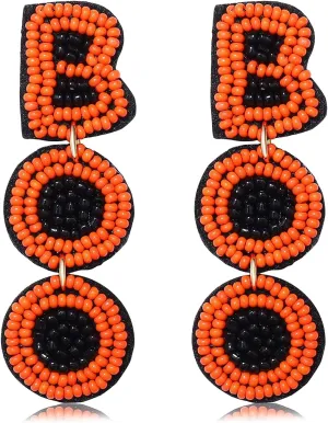 Halloween Beaded Boo Earrings for Women - Spooky Ghost Pumpkin Drop Dangle Jewelry - Handmade Gothic Costume Party Holiday Festive Gifts