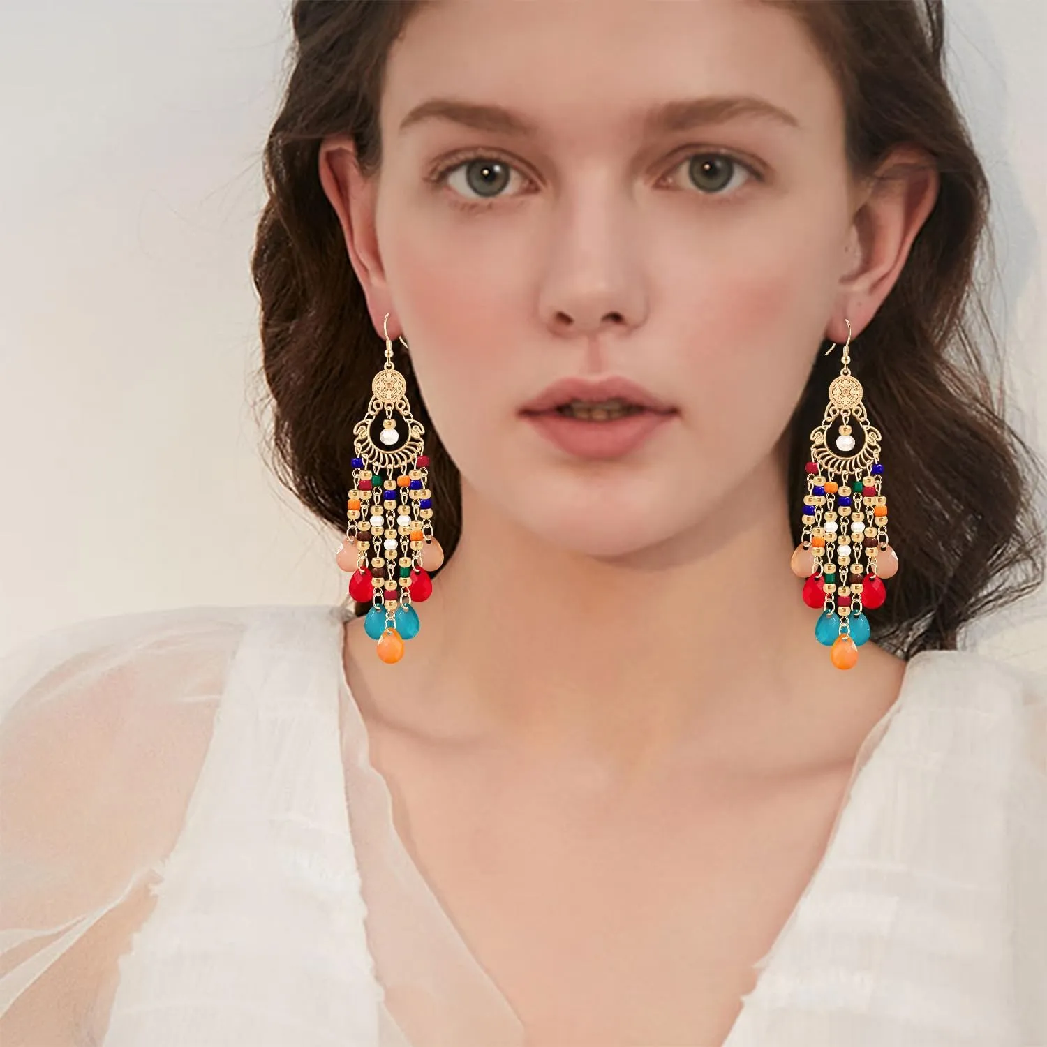 Handmade Dainty Sparkly Acrylic Beaded Fringe Chandelier Dangle Drop Earrings Boho Gold Long Tassel Flower Crystal Teardrop Hook Earrings For Women