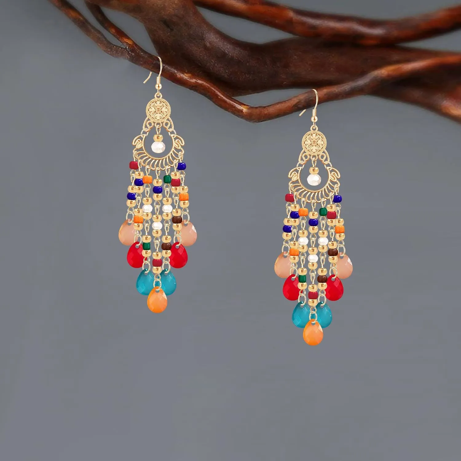 Handmade Dainty Sparkly Acrylic Beaded Fringe Chandelier Dangle Drop Earrings Boho Gold Long Tassel Flower Crystal Teardrop Hook Earrings For Women