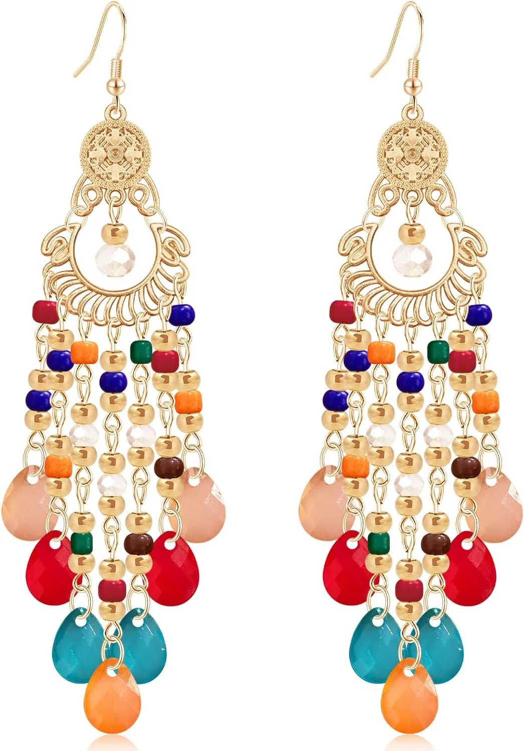 Handmade Dainty Sparkly Acrylic Beaded Fringe Chandelier Dangle Drop Earrings Boho Gold Long Tassel Flower Crystal Teardrop Hook Earrings For Women