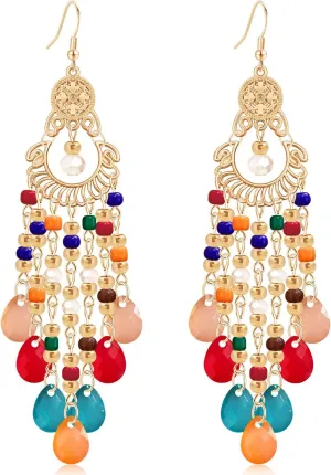 Handmade Dainty Sparkly Acrylic Beaded Fringe Chandelier Dangle Drop Earrings Boho Gold Long Tassel Flower Crystal Teardrop Hook Earrings For Women