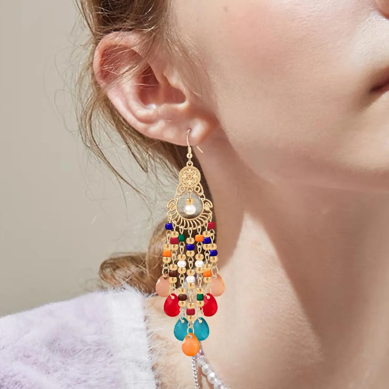 Handmade Dainty Sparkly Acrylic Beaded Fringe Chandelier Dangle Drop Earrings Boho Gold Long Tassel Flower Crystal Teardrop Hook Earrings For Women