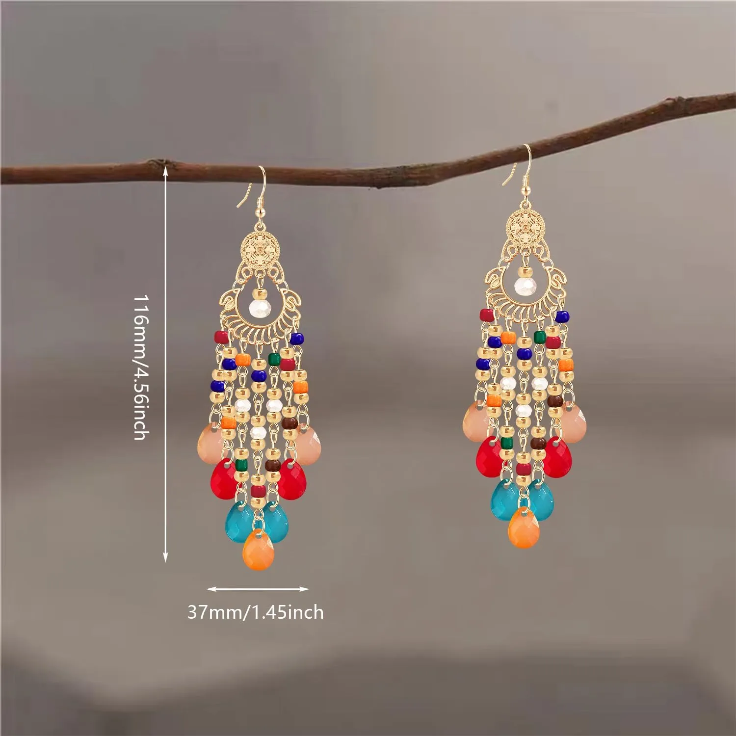 Handmade Dainty Sparkly Acrylic Beaded Fringe Chandelier Dangle Drop Earrings Boho Gold Long Tassel Flower Crystal Teardrop Hook Earrings For Women