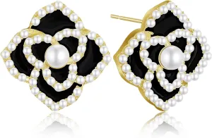 Handmade Minimalist Gold Sparkly Crystal Flower Stud Earrings Exquisite Elegant Camellia Flower Enamel Alloy Diamond Pearl Dangle Drop Earrings for Women Jewelry Gifts